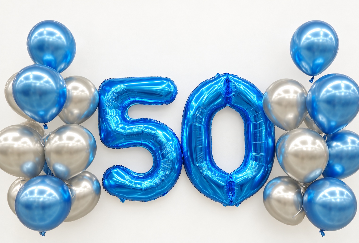 Фольгированные цифры 50 с синими и серебристыми шарами - Сет № 330